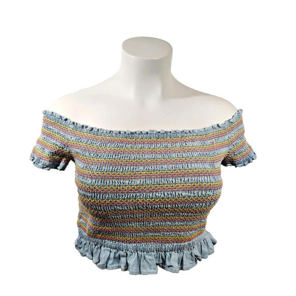 Scrunch Stretch Denim multi color stripes Off-Shoulder crop Top Plus Size 3X F21 - Picture 1 of 6